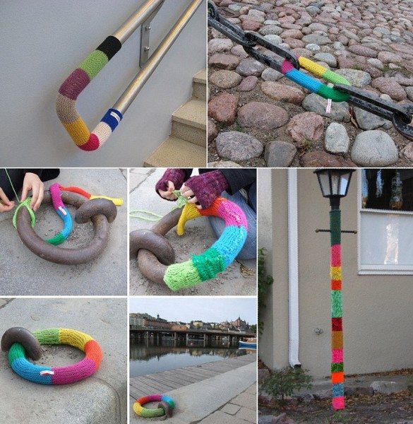 украшение улиц города с помощью вязания 